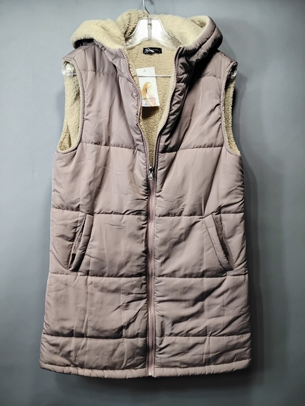 NWT Prettygarden Dusty Pink Hooded Sherpa‎ Lined Puffer Tunic Vest - Size Small
